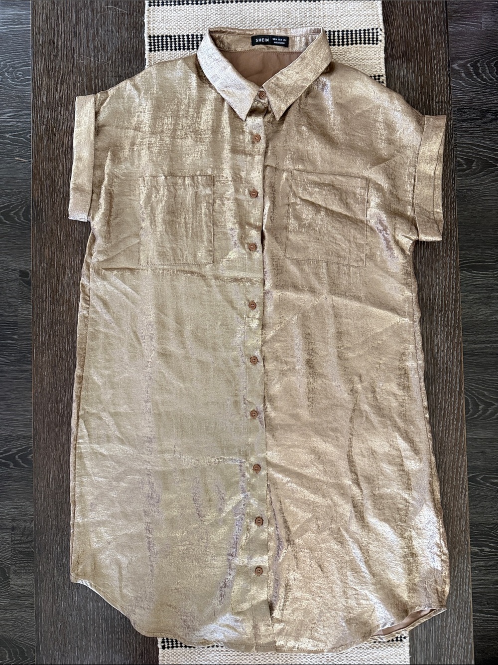 SHEIN Metallic Gold Button-Down Short Sleeve Shirt Dress
